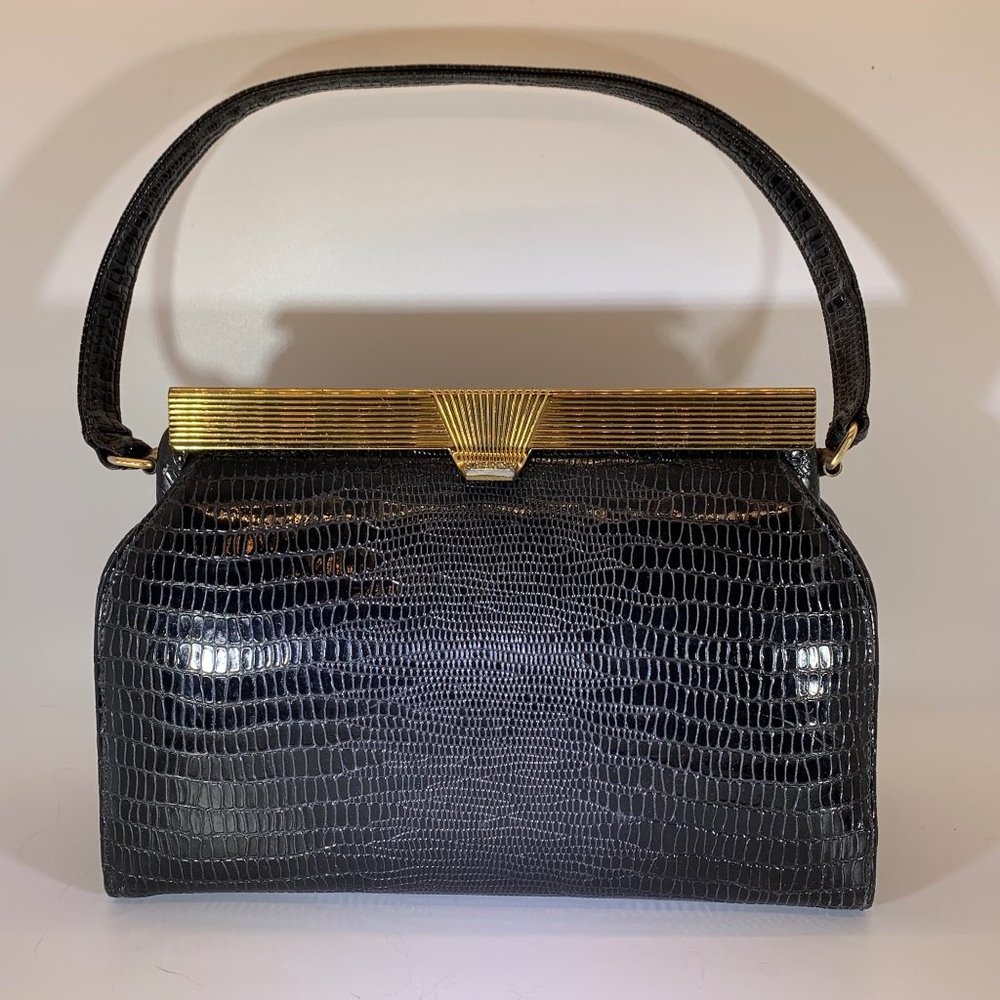 Meyers Made in USA 1960's Handbag Vintage Hard Shell Faux Lizard Gold Hardware